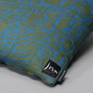 Cushion x Herringbone Edition Forest Green fabric Teal artwork · €195 · ASGER JORN | CURATED BY DOMICILECULTURE